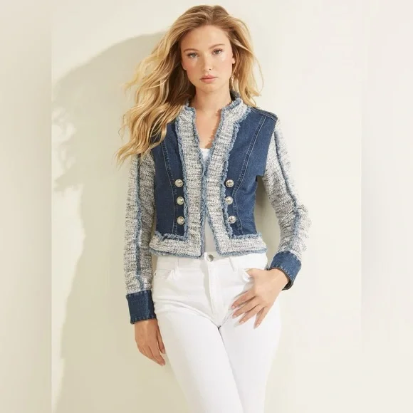 NWT!Guess Tweed Denim Jacket - Picture 2 of 3
